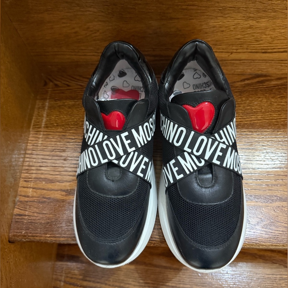 Moschino Womens Black and White Love Sneakers